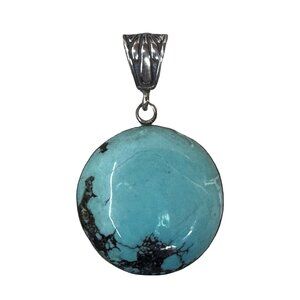 Vintage Native American Round Sterling Silver Turquoise Pendant 17g Artisan 1.5"